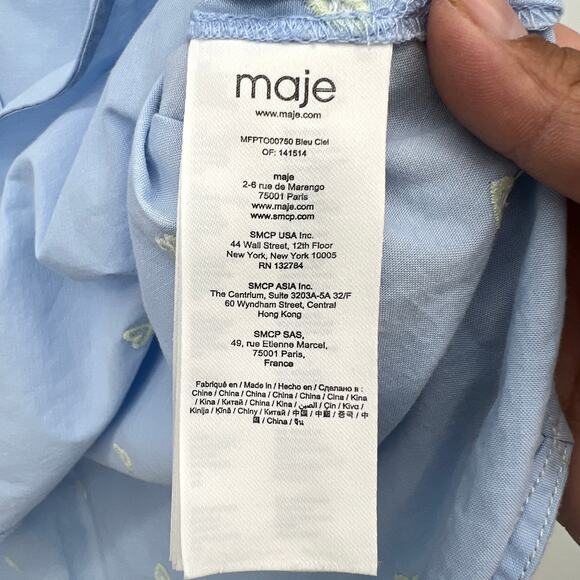 Maje Off-Shoulder Heart Pattern Pop Over  Poplin Blouse Women's S Blue White - Picture 7 of 11